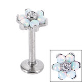 Titanium Internally Threaded Labrets 1.2mm - Titanium Claw Set CZ Jewelled and 6 Point Synth Opal Flower 1.2mm / 10mm / Crystal Clear CZ with 6 Ice White Opals