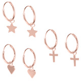 Sterling Silver Hoops - Drop Earrings - Cross, Heart, Star Rose Gold Silver Cross, Heart and Star. 3 pairs