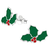 Sterling Silver Christmas Holly Ear Stud Earrings ES36 - SKU 34291