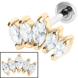 Titanium Internally Threaded Labrets 1.2mm - 5 Jewel Marquise Fan Zircon Gold Steel, 1.2mm, 10mm, Crystal Clear