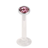 Bioflex Push-fit Labret with Steel Jewelled Disk (4mm Disk) 1.0mm, 8mm, 4mm Pink.