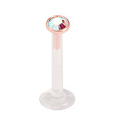 Bioflex Push-fit Labret with Rose Gold Steel Jewelled Top (2.35mm Disk) 1.0mm, 8mm, 2.35mm Crystal AB
