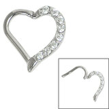 Steel Claw Set Jewelled Heart Hinged Clicker Ring For LEFT Ear, Surgical Steel / 1.2mm, 8mm