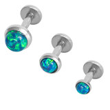 Steel Triple Piercing - Internally Threaded Opal Disk Labrets 1.2mm 1.2mm, 6mm, 3, 4, and 5mm, Blue Opal. Pack of 3