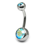 Titanium Double Jewelled Belly Bars 10mm Mirror Polish Mirror Polish, Aqua AB