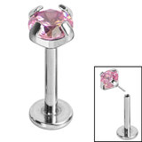 Titanium Threadless Labrets - Titanium Claw Set CZ Jewels 1.2mm, 8mm / 4mm, Light Pink