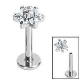 Titanium Threadless Labrets - Titanium Claw Set CZ Jewelled Flower 1.0mm, 6mm / 5mm / Crystal Clear