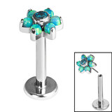 Titanium Threadless Labrets - Titanium (Bend-fit) Claw Set Synth Opal and CZ Jewelled Flower 1.2mm, 6mm / 5mm / Opals - Island Blue. Central CZ - Blue