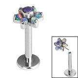 Titanium Threadless Labrets - Titanium (Bend-fit) Claw Set Synth Opal and CZ Jewelled Flower 1.2mm, 6mm / 5mm / Opals - Lilac Lights. Central CZ - Tanzanite