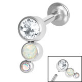Titanium Internally Threaded Labrets 1.2mm - Infinity Titanium Bezel Set Triple Opal and Jewel Curve - SKU 35490