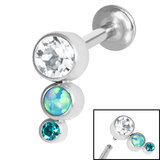 Titanium Internally Threaded Labrets 1.2mm - Infinity Titanium Bezel Set Triple Opal and Jewel Curve 1.2mm, 8mm, Top - Crystal Clear, Middle - Opal Island Blue, Bottom - Turquoise