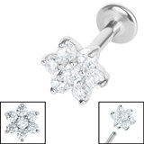Titanium Internally Threaded Labrets 1.2mm - Steel Claw Set 6 Point CZ Primrose Flower 1.2mm, 10mm, Crystal Clear (One complete Labret only)