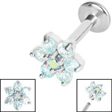 Titanium Internally Threaded Labrets 1.2mm - Steel Claw Set 6 Point CZ Primrose Flower 1.2mm, 8mm, Light Blue (One complete Labret only)