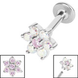 Titanium Internally Threaded Labrets 1.2mm - Steel Claw Set 6 Point CZ Primrose Flower 1.2mm, 6mm, Light Pink (One complete Labret only)
