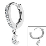 Surgical Steel Huggie Clicker Ear Ring - Jewelled Crescent Moon Dangle - SKU 35723