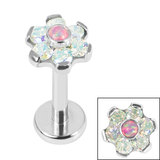 Titanium Internally Threaded Labrets 1.2mm - Titanium Claw Set Synth Opal and 6 Point CZ Jewelled Flower 1.2mm / 6mm / Opal Candy Pink with 6 CZ Crystal AB
