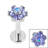 Titanium Internally Threaded Labrets 1.2mm - Titanium Claw Set Synth Opal and 6 Point CZ Jewelled Flower 1.2mm / 8mm / Opal Purple with 6 CZ Tanzanite