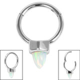 Steel Hinged Clicker Ring with Synth Opal Cone - SKU 36144
