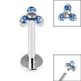 Titanium Internally Threaded Labrets 1.2mm - Titanium Claw Set CZ Jewelled Mini Trinity 1.2mm / 6mm / Sapphire Blue CZ