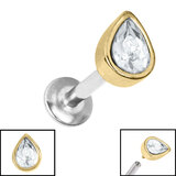 Titanium Internally Threaded Labrets 1.2mm - Steel Bezel Set Jewelled Pear Gold Plated Steel / 1.2mm, 10mm, Crystal Clear