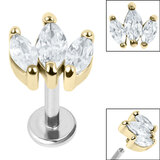 Titanium Internally Threaded Labrets 1.2mm - Steel Claw Set 3 CZ Jewel Marquise Fan 1.2mm, 8mm, Zircon Gold, Crystal Clear (One complete Labret only)