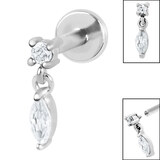 Titanium Internally Threaded Labrets 1.2mm - Steel Solitaire with Marquise Drop Gem - SKU 38297