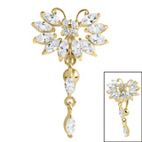 Belly Bar - Gold Plated Steel (PVD) Claw Set Marquise Jewelled Butterfly  - SKU 38920