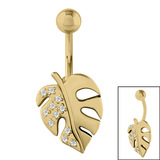 Belly Bar - Gold Plated Steel (PVD) Claw Set Jewelled Monstera Palm Leaf - SKU 38923