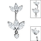 Belly Bar - Steel Internal Thread Claw Set 3 Jewelled Double Marquise Fan - SKU 38942