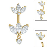 Belly Bar - Steel Internal Thread Claw Set 3 Jewelled Double Marquise Fan - SKU 38943