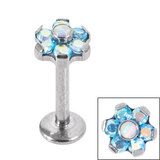 Titanium Internally Threaded Labrets 1.2mm - Titanium Claw Set Synth Opal and 6 Point CZ Jewelled Flower - SKU 39312