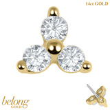 belong 14ct Solid Gold Threadless (Bend fit) Claw Set CZ Jewelled Trinity - SKU 40372