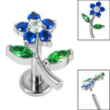 Titanium Internally Threaded Labrets 1.2mm - Titanium Claw Set Jewelled Blossom Flower - SKU 67326