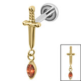 Titanium Internally Threaded Labrets 1.2mm - Titanium Mini Dagger with Marquise Drop Gem 1.2mm, 6mm / Polish Ti Labret / Gold Ti Jewel, Garnet
