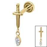 Titanium Internally Threaded Labrets 1.2mm - Titanium Mini Dagger with Marquise Drop Gem 1.2mm, 8mm / Gold Ti Labret / Gold Ti Jewel, Crystal Clear