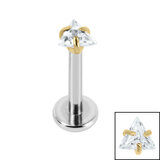 Titanium Internally Threaded Labrets 1.2mm - Titanium Claw Set Jewelled Triangle 1.2mm, 9mm / Polish Ti Labret / Gold Ti Jewel, Crystal Clear