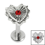 Titanium Internally Threaded Labrets 1.2mm - Titanium Claw Set Radiant Jewelled Heart 1.2mm, 6mm / Polish Ti Labret / Polish Ti Jewel, Garnet