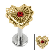 Titanium Internally Threaded Labrets 1.2mm - Titanium Claw Set Radiant Jewelled Heart 1.2mm, 5mm / Polish Ti Labret / Gold Ti Jewel, Garnet