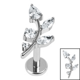 Titanium Internally Threaded Labrets 1.2mm - Titanium Claw Set Jewelled Leaf Vine Titanium / 1.2mm, 5mm / Crystal Clear,Left Ear