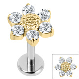 Titanium Internally Threaded Labrets 1.2mm - Titanium Jewelled Golden Daisy 1.2mm, 8mm / Polish Ti Labret / Gold Titanium, Crystal Clear