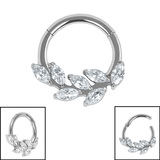 Titanium Marquise Jewelled Leaf Vine Hinged Ring 1.2mm, 8mm, Titanium / Crystal clear