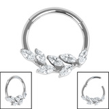 Titanium Marquise Jewelled Leaf Vine Hinged Ring 1.2mm, 10mm, Titanium / Crystal clear