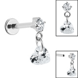 Titanium Internally Threaded Labrets 1.2mm - Titanium Jewelled Solitaire with Heart Charm - SKU 72599