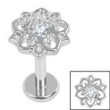 Titanium Internally Threaded Labrets 1.2mm - Titanium Jewelled Lotus Mandala 1.2mm, 8mm / Polish Ti Labret / Polish Ti Jewel, Crystal Clear