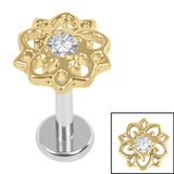 Titanium Internally Threaded Labrets 1.2mm - Titanium Jewelled Lotus Mandala 1.2mm, 7mm / Polish Ti Labret / Gold Ti Jewel, Crystal Clear