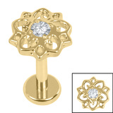 Titanium Internally Threaded Labrets 1.2mm - Titanium Jewelled Lotus Mandala 1.2mm, 5mm / Gold Ti Labret / Gold Ti Jewel, Crystal Clear