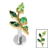 Titanium Internally Threaded Labrets 1.2mm - Titanium Claw Set Jewelled Leaf Vine Gold Titanium / 1.2mm, 6mm / Shades Of Green, Right Ear