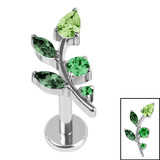 Titanium Internally Threaded Labrets 1.2mm - Titanium Claw Set Jewelled Leaf Vine Titanium / 1.2mm, 9mm / Shades Of Green, Right Ear