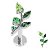 Titanium Internally Threaded Labrets 1.2mm - Titanium Claw Set Jewelled Leaf Vine Titanium / 1.2mm, 9mm / Shades Of Green,Left Ear