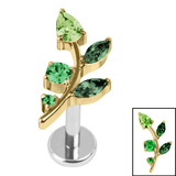 Titanium Internally Threaded Labrets 1.2mm - Titanium Claw Set Jewelled Leaf Vine Gold Titanium / 1.2mm, 5mm / Shades Of Green,Left Ear
